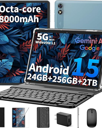 Android 15 Tablet 10 inch, 2026 Tablet with Keyboard, 24GB+256GB+2TB Expand, 2-in-1 Tablets with 8-Core, 5G WiFi, 8000mAh, BT5.0, GMS, GPS, Gemini AI, Tablets PC with Mouse, Case, Stylus (Black)