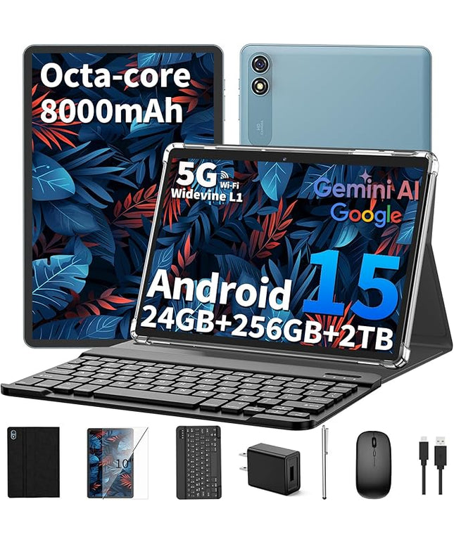 Android 15 Tablet 10 inch, 2026 Tablet with Keyboard, 24GB+256GB+2TB Expand, 2-in-1 Tablets with 8-Core, 5G WiFi, 8000mAh, BT5.0, GMS, GPS, Gemini AI, Tablets PC with Mouse, Case, Stylus (Black)