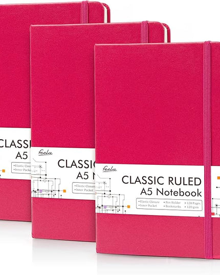 feela 3 Pack Notebooks Journals Bulk, Hardcover Notebook Classic Ruled Lined Journals with Pen Holder for Women Girls School Business Supplies, with 3 Black Pens, 120 GSM, 5.1”x8.3”, A5, Berry