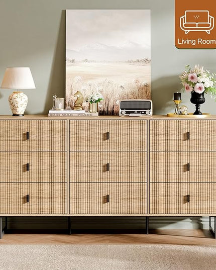 Chrangmay Modern Chest of Drawers with 9 Drawers,Deep Drawers,Clothes Organizer,Large Storage Cabinet for Living Room, Bedroom,Hallway,with Anti-Tipping Device, Oak