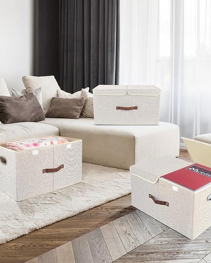 TYEERS Extra Large Collapsible Storage Bins with Lids and Compartments, Washable, Fabric Storage Boxes, 21.7x13x11.8 inches, 1 Pack, Beige