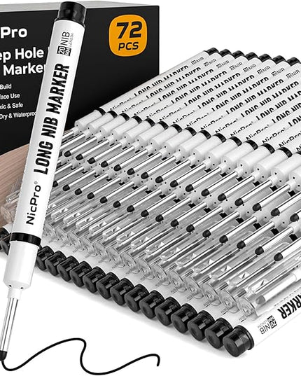 Nicpro 72 PCS Long Nib Marker Pens, 20mm Black Deep Hole Markers Bulk, Quick Dry & Waterproof Construction Marker, Long Head Mark Pens for Metal Steel Tile Glass Carpenter Marking Tool for Woodworking