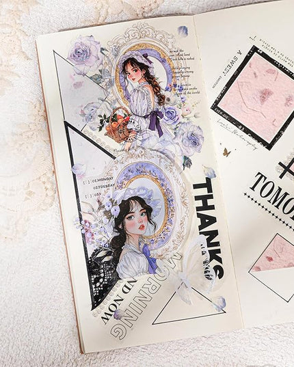 AuriicLeaf French Vintage Girl PET Sticker Set, 60PCS Scrapbook Supplies for Journaling, Planners, DIY Crafts and Gifts
