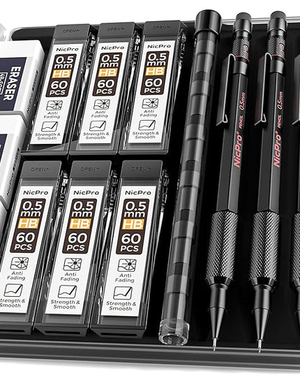 Nicpro 0.5 mm Mechanical Pencil Set with Case, 3PCS MP2000 Metal Artist Mechanical Pencil With 6 Tube HB Lead Refills, Eraser, Weatherproof Barrel for Outdoor Writing Drafting Drawing Sketching