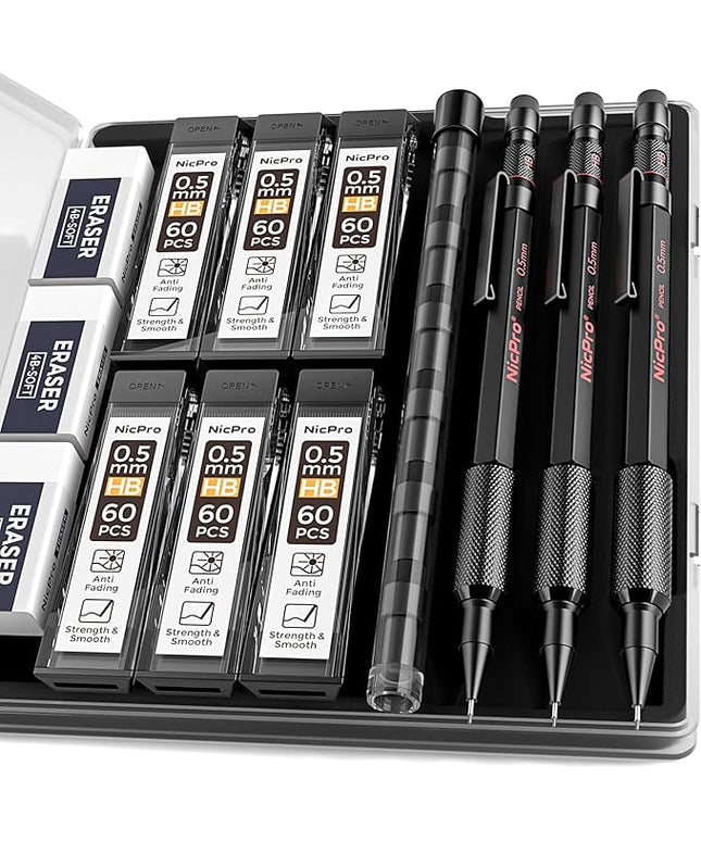 Nicpro 0.5 mm Mechanical Pencil Set with Case, 3PCS MP2000 Metal Artist Mechanical Pencil With 6 Tube HB Lead Refills, Eraser, Weatherproof Barrel for Outdoor Writing Drafting Drawing Sketching