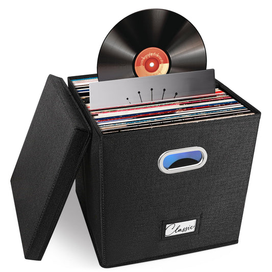 Vinyl Record Storage Box for 50+ LPs, 12-Inch Record Holder Case with Lid