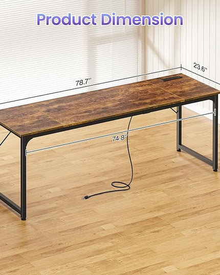 PRAISUN 78 X 24 Inch Office Computer Desk with Power Outlets and USB-C Port, Larger and Longer Gaming Desk, for Home Office, Study, Writing Work from Home Table, Metal Frame, Rustic Brown