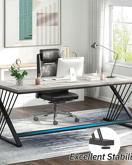 FOLUBAN 70.9" Industrial Computer Desk with Z-Shaped Legs, Modern Home Office Desk for 2 Person, Large Gaming Executive Workstation Study Table for Bedroom Writing, Light Grey