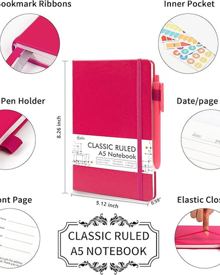 feela 24 Pack Journal Notebook for Work, Business Notebook Bulk Hardcover Lined Writing Journal with Pen Holder for Men Women Note Taking, with 24 Black Pens, 120 GSM, 5.1”x8.3”, A5, Berry