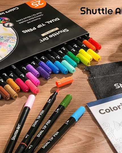 Shuttle Art Dual Tip Brush Marker Pens, 25 Colors Water-based Ink, Fine and Brush Tip Marker Set with 1 Coloring Book for Kids Adult Artist Calligraphy Hand Lettering Journal Doodling Writing