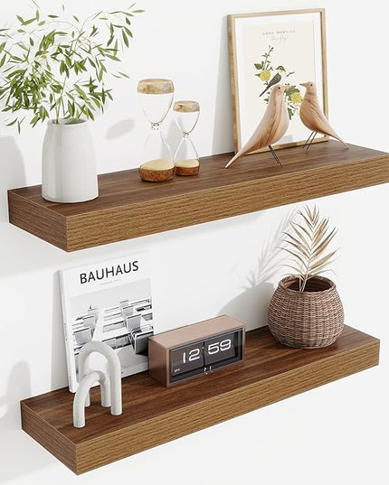 Fun Memories Floating Shelves Set of 2, 24 Inch Floating Shelves for Wall, Wood Wall Shelves with Invisible Brackets, for Bathroom, Bedroom, Living Room, Kitchen, Walnut