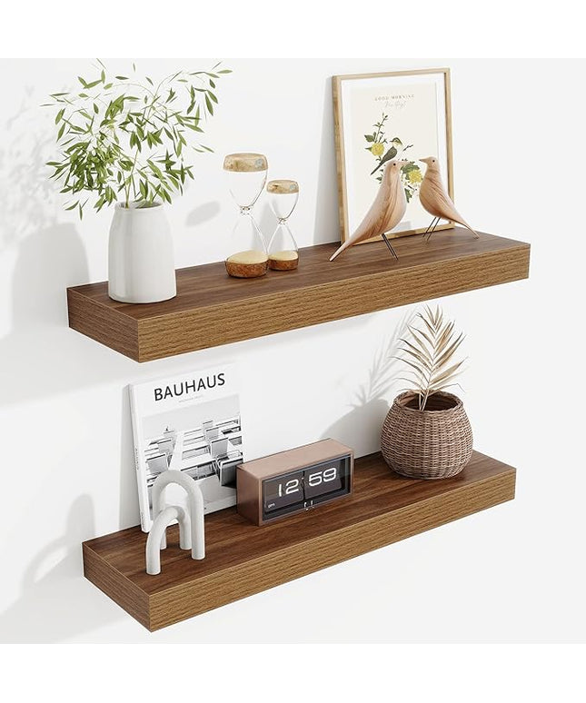 Fun Memories Floating Shelves Set of 2, 24 Inch Floating Shelves for Wall, Wood Wall Shelves with Invisible Brackets, for Bathroom, Bedroom, Living Room, Kitchen, Walnut