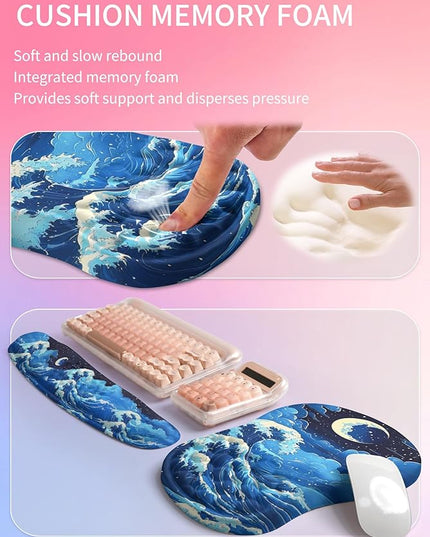 Hokafenle 2in1 Combination, Wave Keyboard Wrist Rest and Ergonomic Curvature Mouse Pad Wrist Support for Relieve Wrist Pain, Filled with Soft Cushion Memory Foam, Crescent Waves