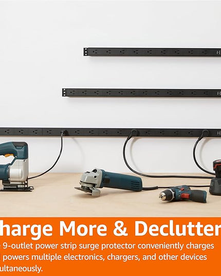Amazon Basics Surge Protector Power Strip, 9-Outlet, Heavy Duty, Metal, 600 Joules, 6ft Extension Cord, Mountable, Wide Spaced, Black