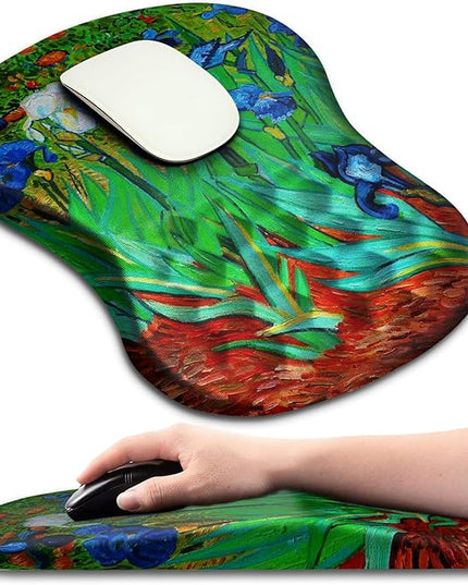Hokafenle Ergonomic Mouse Pad Wrist Support with Massage Design, Wrist Rest Pain Relief Mousepad with Memory Foam&Non-Slip PU Base, Mouse Pads for Wireless Mouse & Desk(12x8 inch,Vangogh Iris Flower)