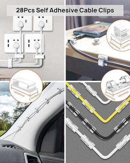 193 PCS Cable Management Kit - 4 Cable Sleeve, 57 Self Adhesive Cable Clips, 12 Hanging Strips, 12 Cable Organizer Straps and 100 Fastening Cable Ties for TV Computer Under Desk (White)