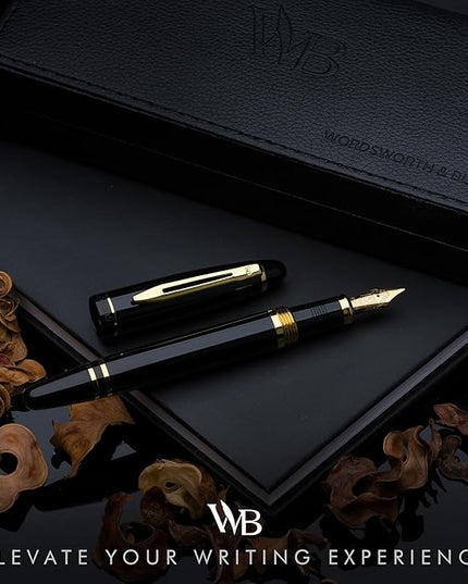 Wordsworth & Black Majesti Fountain Pen-(Black), Luxury Case, Gold Finish; 18K Gilded Medium Nib- Ink Cartridges, Refillable Ink Converter-Calligraphy Pen-Best Business Gift Set for Men & Women