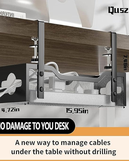 Under Desk Cable Management Tray 15.95", Quszmd Cable Organizer No Drill, Standing Cord Organizer and Wire Management Tray - No Damage to Desk, Black