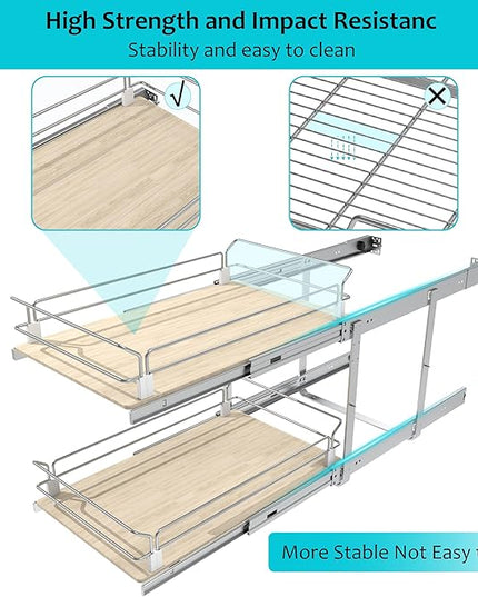 2 Tier Pull Out Cabinet Organizer 18" W X 22" D, Slide Out Drawers For Kitchen Cabinets, Pull Out Drawers For Cabinets Capacity Heavy Duty Caddy, Cabinet Pullout Shelves Wood Chrome, Pantry Storage