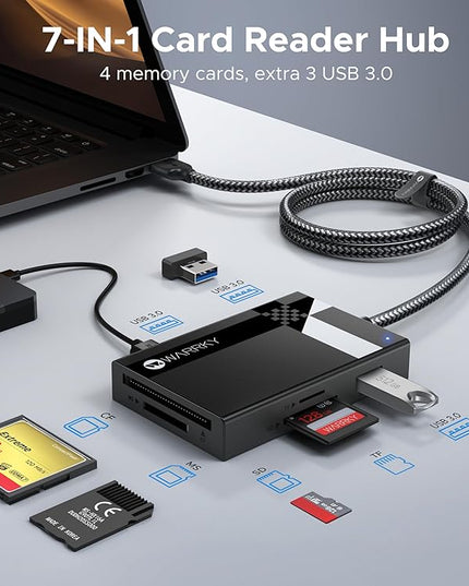 SD Card Reader USB 3.0, WARRKY [2.5FT Nylon Braided, Extra USB 3.0 Ports, 5Gbps] 7 in 1 Memory Card Reader, Micro SD Card Adapter for microSD, SDXC, SDHC, CF, MS, MMC, Micro SDXC/SDHC, UHS-I, More