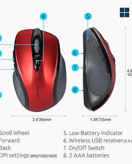 Kensington Pro Fit Mid-Size Wireless Mouse, Ruby Red (K72422AM)