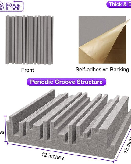 TroyStudio Self-adhesive Acoustic Foam Panels, 12 X 12 X 2 Inches 18 Pcs Broadband Sound Absorbing Foam, Dense Soundproof Padding Tile, Recording Studio Foam Absorber, Groove Decorative Wall Panel