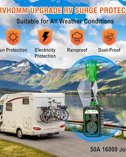 RV Surge Protector 50 Amp Flag Design - Upgraded 16000J Power Surges Voltage Protection Circuit Analyzer IP68 Waterproof Cover for 50A RVS Camper Trailer Must Haves (50Amp, Green)