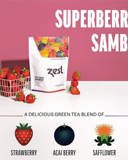 Zest Energy Green Tea - Superberry Samba Loose Leaf - High Caffeine Strawberry & Passion Fruit - Caffeinated Coffee Altnernative with Antioxidants - Natural, Non-GMO & Keto - 50 Servings - 135mg Caf