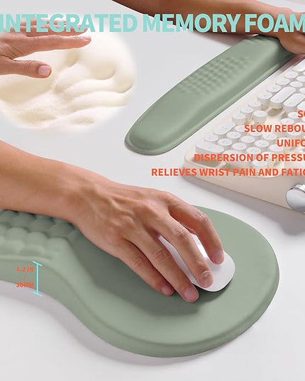 2-in-1 Ergonomic Set, Wave Rise Keyboard Wrist Rest and Massage Bulge Slope Mouse Pad Wrist Support, Cushion Memory Foam Integrated to Relieve Wrist Pain, Light Green