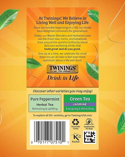 Twinings Lemon & Ginger Herbal Tea Individually Wrapped Bags, 20 Count (Pack of 6), Tangy Lemon, Spicy Ginger, Naturally Caffeine-Free, Enjoy Hot or Iced, 120 Teabags