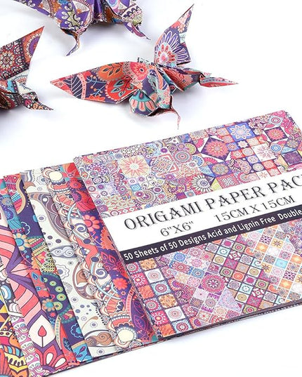 Origami Paper Kit 50 Sheets 70GSM 6 Inch Square Double Sided Color 50 Vivid Japanese Washi Chiyo Colors for Hand Crafts Origami Paper Arts Creativity.Ethnic Style