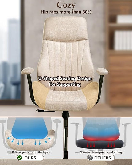 Mid Century Modren Office Chair,Computer Desk Swivel Task Chair with Wheels, High Back Ergonomic Executive Chair with Lumbar Support, Faux Lether Suede Fabric Home Chair (High Back, Beige)