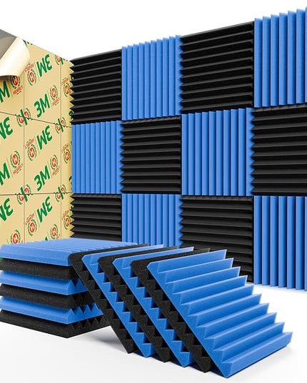 12 Pack Sound Proof Foam Panels for Walls,Self-Adhesive Foam Acoustic Panels Sound Absorbing,High Density Quick-Recovery Soundproof Wall Panels 12" X 12" X 1"-Black and Blue
