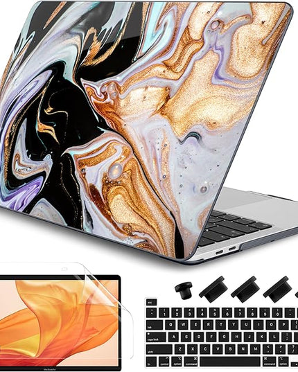 DONGKE Compatible with MacBook Pro 13 inch Case 2024 2023-2020 Release A2338 M2/M1 A2251 A2289 with Retina Display & Touch ID, Plastic Hard Shell & Keyboard Cover & Screen Film - Black Marble