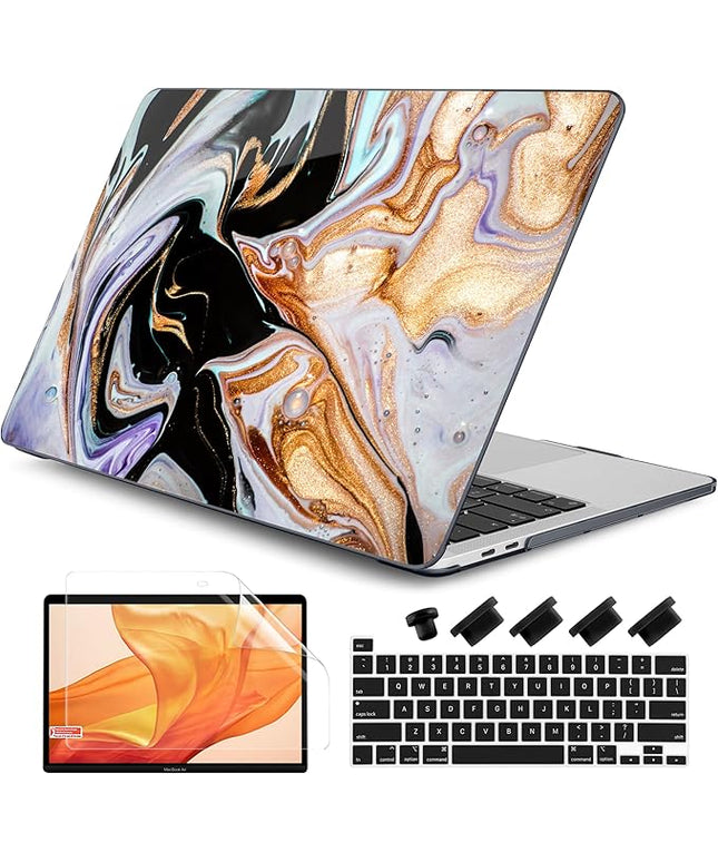 DONGKE Compatible with MacBook Pro 13 inch Case 2024 2023-2020 Release A2338 M2/M1 A2251 A2289 with Retina Display & Touch ID, Plastic Hard Shell & Keyboard Cover & Screen Film - Black Marble