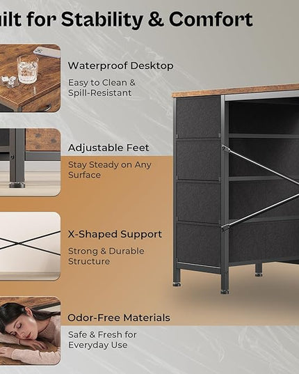 Huuger 63 Inch L Shaped Desk with Fabric Drawers, Computer Office Desk with Power Outlets and USB-C Port, Corner Desk with Storage Shelves, for Gaming Work Study Home Office, Reversible, Rustic Brown