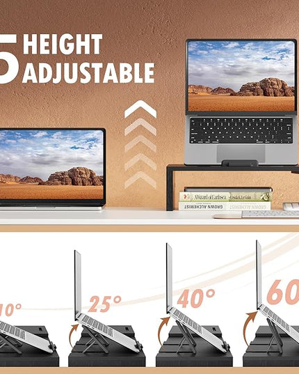 Dual Monitor Stand Riser - Computer Monitor Stand for 2 Monitors，Office Desktop Organizer，Adjustable Length and Angle 3 Shelf with Storage Drawer Phone Holder for Monitors and Laptops-Black