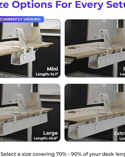 Ascrono Original No Drill Under Desk Cable Management Tray 14.1" - Premium White Fabric Cable Management Under Desk - Clamp/Screw Mount Cord Organizer - Supports Upto 66lbs