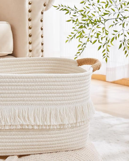 Storage Bins Woven Baskets for Storage Set of 3, Cotton Rope Basket with Handles for Toys/Shelves/Laundry, Rectangle Multi-Purpose Organizer for Living Room, Bedroom, Nursery (White)