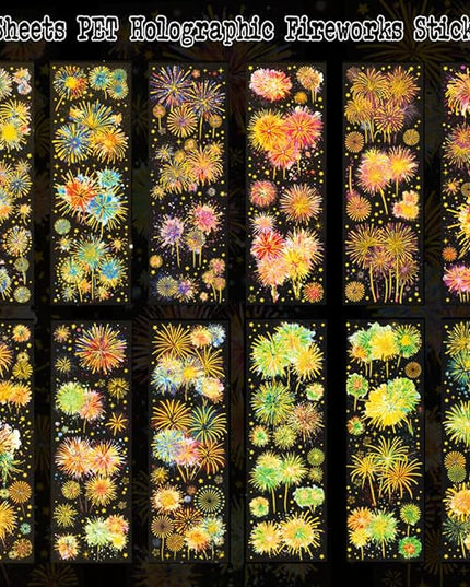 Holographic Fireworks Stickers for Journaling and Crafts, 12 Sheets Transparent PET Stickers for Scrapbooking, Junk Journal Supplies, Collage, DIY Paper Arts Decorative