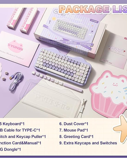YUNZII C75 Wireless Mechanical Keyboard,75% Layout, Hot-Swappable NKRO,BT5.0/2.4G/USB-C Mode,Dye-Sub PBT MOA Keycaps,RGB Gasket Mount,Cute Cake Design for Mac/Win/Gaming (Purple, Candy Switch)
