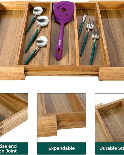 Utoplike Acacia Kitchen Drawer Organizer Expandable, Large Utensils and Cutlery Tray, Adjustable Silverware Divider for Knives Flatware