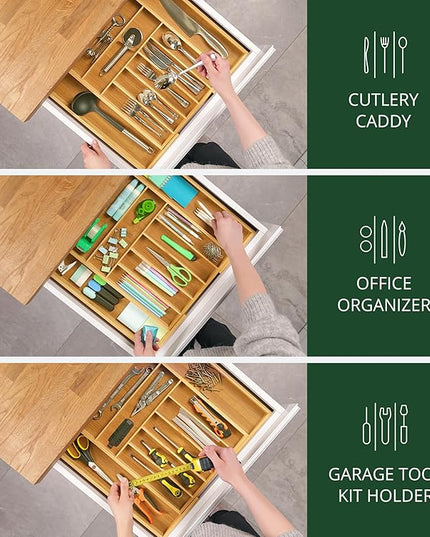 ROYAL CRAFT WOOD Luxury Bamboo Kitchen Drawer Organizer - Silverware Organizer, Utensil Holder & Cutlery Tray Drawer Dividers for Flatware (9 Slot, Natural)