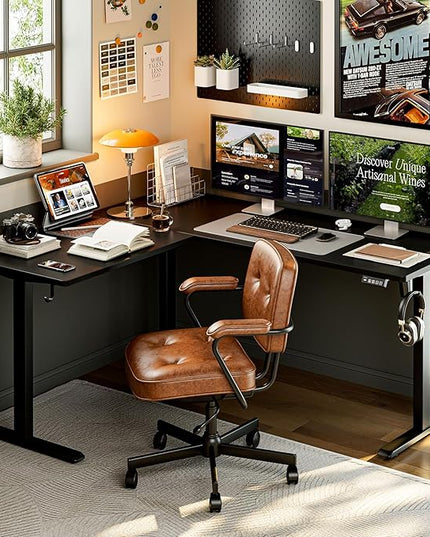 Grandder 63 x 55 Inch L Shaped Standing Desk, Electric Height Adjustable Corner Stand Up Desk, Sit Stand Corner Table Home Office Table, Black Top Black Frame