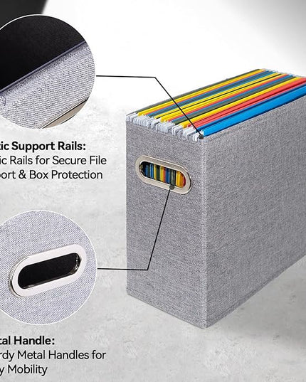 4 Pack Letter Size File Storage Box Collapsible, Fabric Hanging File Folders Organizer, Portable Office Document Holder with Metal Handle, Smooth PVC Rails, Gray