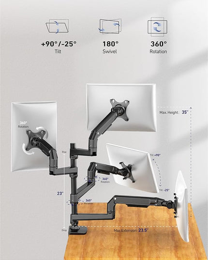Quad Monitor Mount, Holds Screens up to 40 Inches and 25 lbs, Fully Adjustable 4 Monitor Mount with C-Clamp and Grommet Base, Aluminum, Black