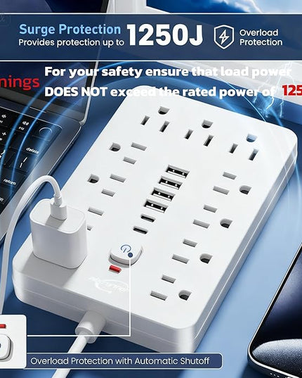 10 FT Flat Plug Surge Protector Power Strip,11 Multiple AC Outlets with 6 USB Ports (2 USB C), 6 Feet Extension Cord, 1250W/10A, One Touch Switch Button, White
