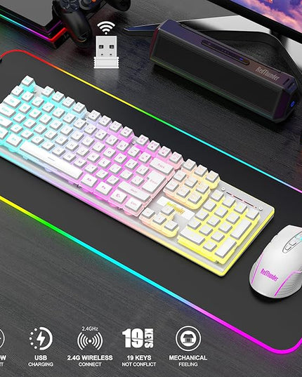 RedThunder K10 Wireless Gaming Keyboard and Mouse Combo, RGB Backlit Rechargeable 3800mAh Battery, Mechanical Feel Anti-ghosting Keyboard + 7D 3200DPI Mice for PC Gamer(White Pudding)