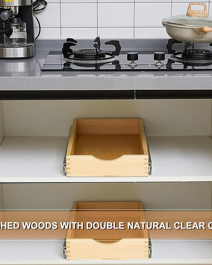 Menkxi 2 Set Pull out Tray Cabinet Organizer Wooden Pull Drawers storage Slide out Pantry Shelf for Base Cabinet Kitchen Gentle Close Fully Assembled Accessories(Wood Color,12'' X 21'' X 3")