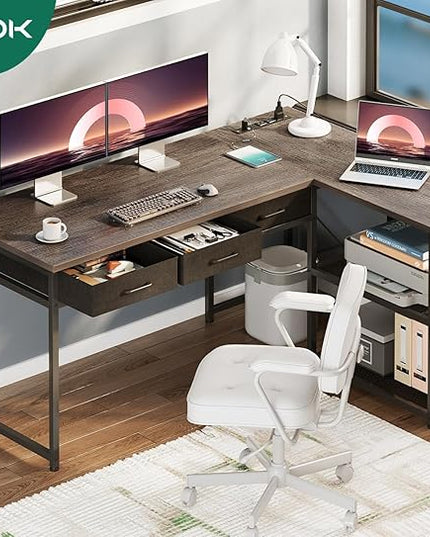 AODK 53 Inch L Shaped Computer Desk with Drawers, Corner Desk with Power Outlets & Reversible Storage Shelves, for Home Office Gaming, Oak Grey